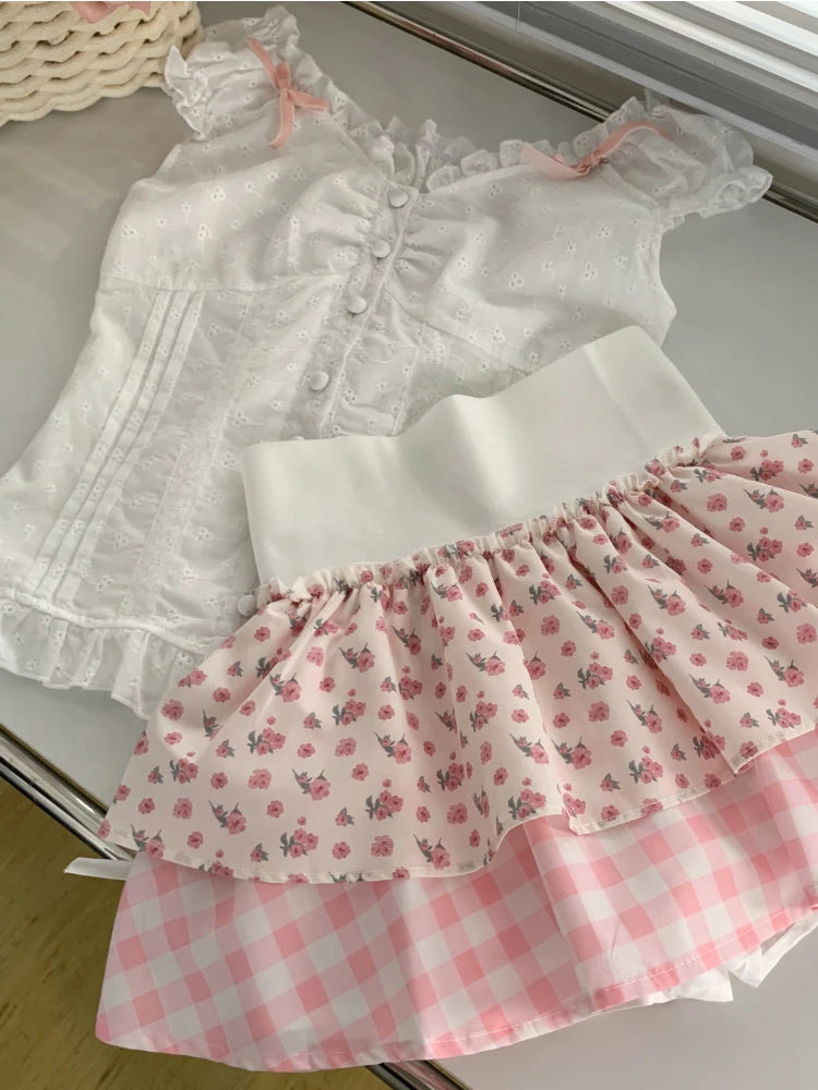Aiertu Japanese Sweet Kawaii Print 2 Piece Set Women Patchwork Lace Cute Skirt Suit Female White Bow Tops + Plaid Mini Skirt Sets 2024 Aiertu