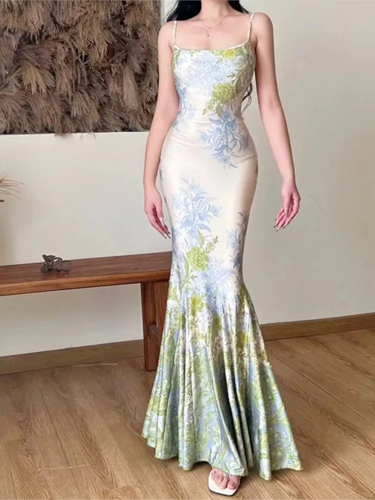 Aiertu Fashion New Women Summer Bodycon Slim Long Dress Sleeveless Casual Floral Vintage Fishtail Vestidos Female Party Clothes Robe Aiertu