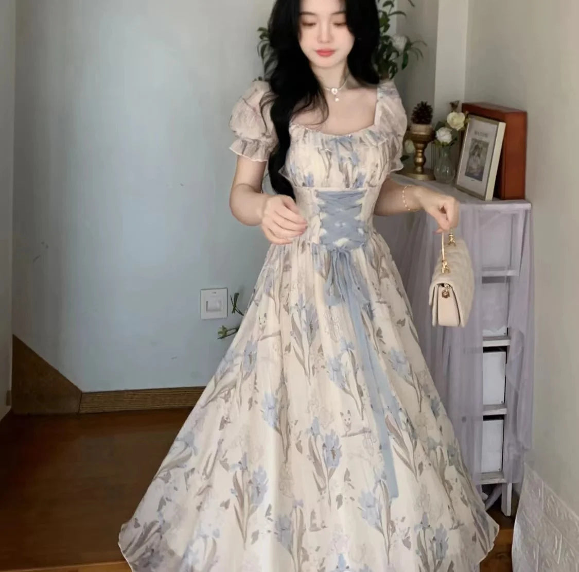 Aiertu Elegant Floral Print Midi Dresses for Women 2024 Summer New Vintage Fashion Slim Casual Birthday Party Lace-up Female Clothing Aiertu
