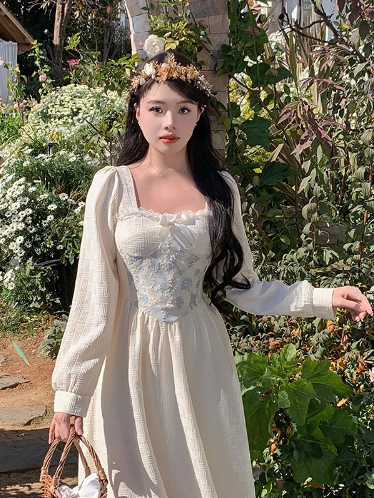 Aiertu Floral Print Vintage Sweet Dress Women Lace Elegant Evening Party Midi Dresses Ladies Long Sleeve French Retro Dress Summer Aiertu