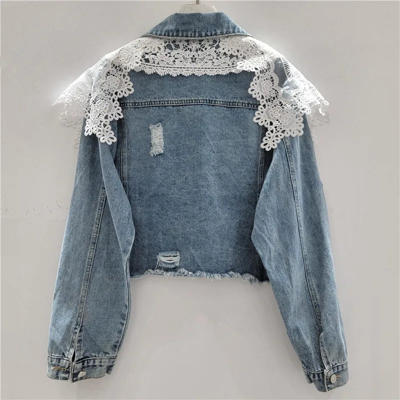 AIERTU  -  Lace Patchwork Denim Jackets Women Spring Autumn Korean Fashion Vintage Jaqueta Feminina Sweet Elegant Outwears Aiertu