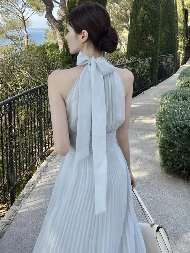 Aiertu Summer Halter Chiffon Bandage Long Dress Casual Dresses Blue Sexy Strapless New Pleated Sundress Vacation Clothes For Women Aiertu