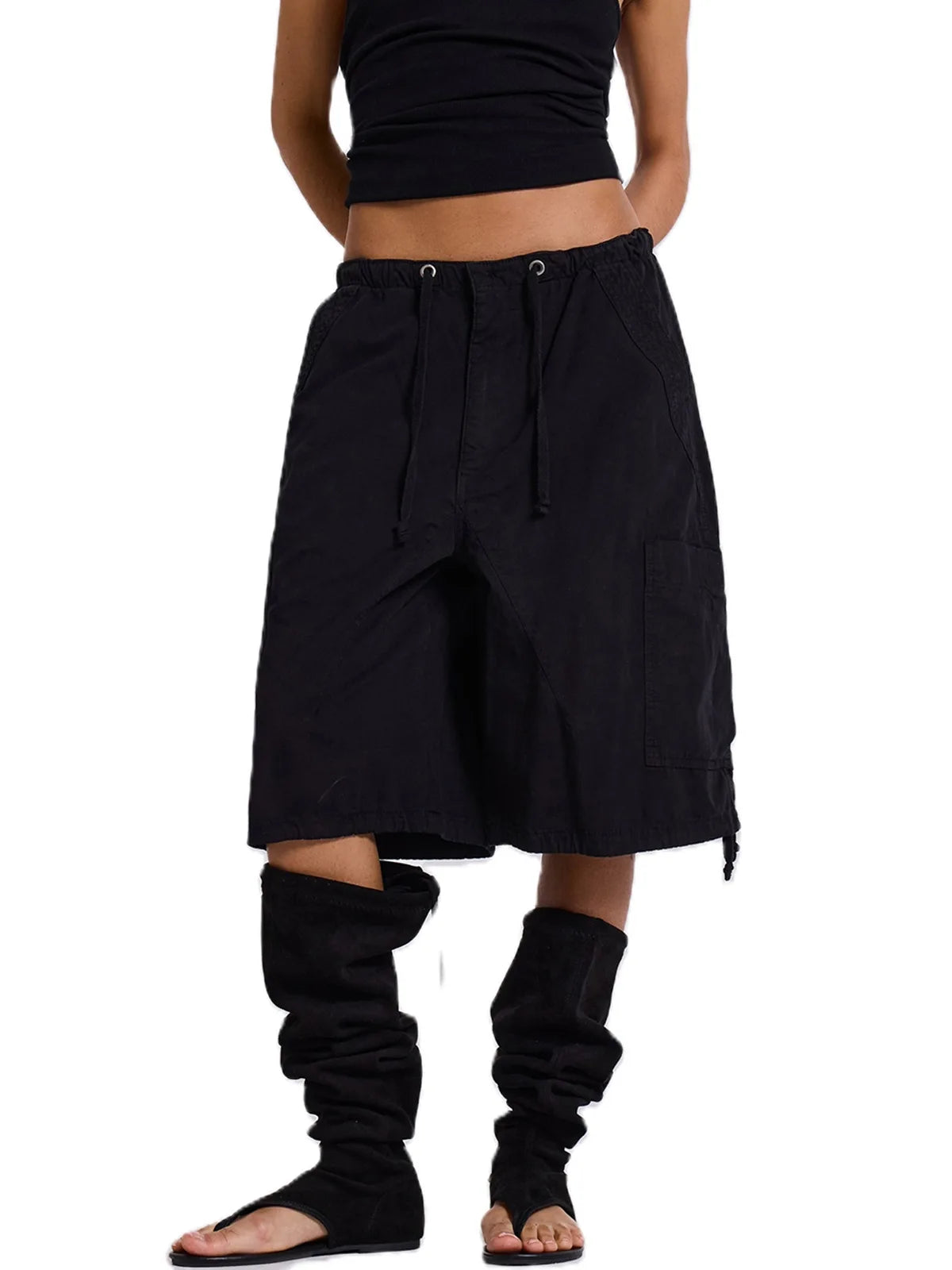 AIERTU  -  Euramerican Safari Style Drawstring Half Pants Y2k All Match Side Pockets Design Casual Women Wide Trousers Stright Short Pants Aiertu
