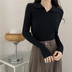 Aiertu FALL OUTFITS Knitted T Shirts For Women Clothes Streetwear High Quality Clothing Womens Polo Neck Tee Shirt Aesthetic Hot Top Vintage Striped aiertu