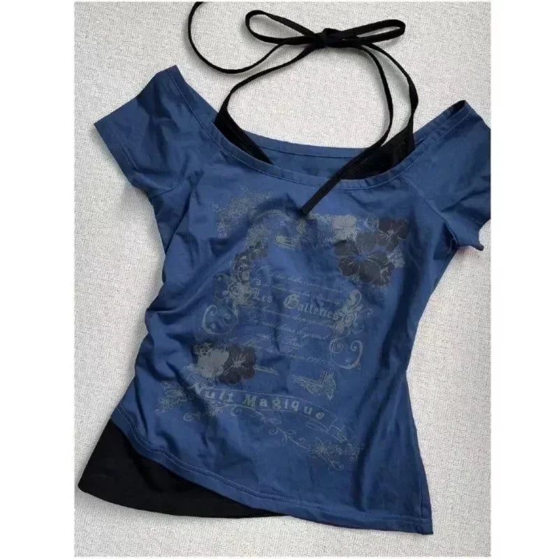 Aiertu Summer Fake Two Pieces Halter Bandage Vintage T-shirts Y2k Aesthetic Slim Crop Tops Women Grunge Print Harajuku Casual Sexy Tee Aiertu