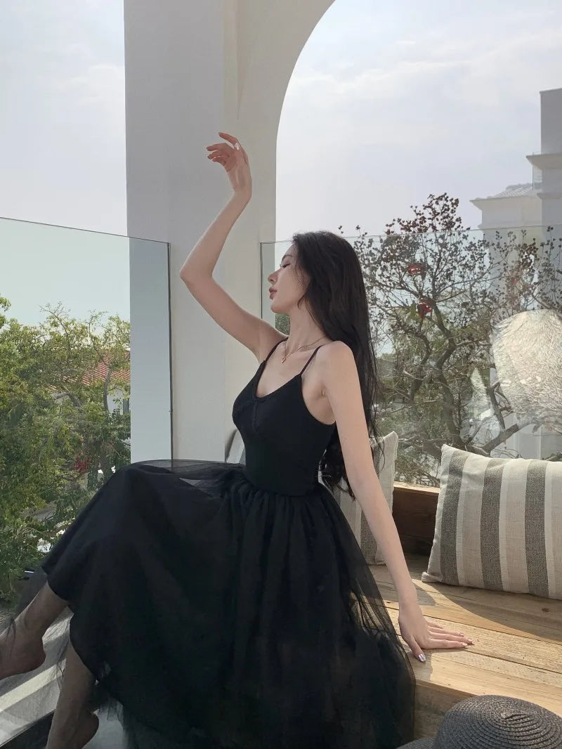 Aiertu Sleeveless Dress Women Mesh Long A-line Black Retro Elegant V Neck Fairy Sexy Pleated Sundress Summer Evening Party Ball Gown Aiertu