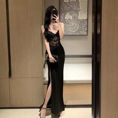 Aiertu Vintage Sexy Black Lace Prom Maxi Dress Women Hollow Out Split Bodycon Camisole Dresses Evening Party Club Fashion Spring 2024 Aiertu