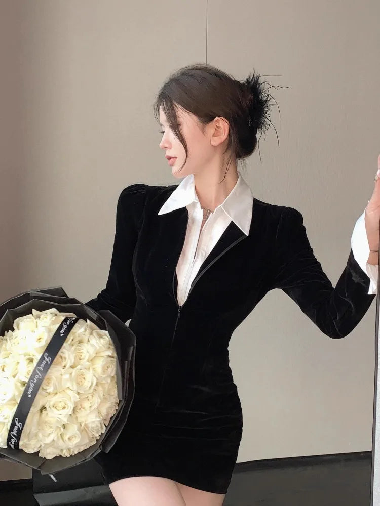 Aiertu Korean Velvet Shirt Dress Women Kpop Black Elegant Sexy Zipper Sexy Bodycon Wrap Y2k Party Short Dresses 2024 Spring Aiertu