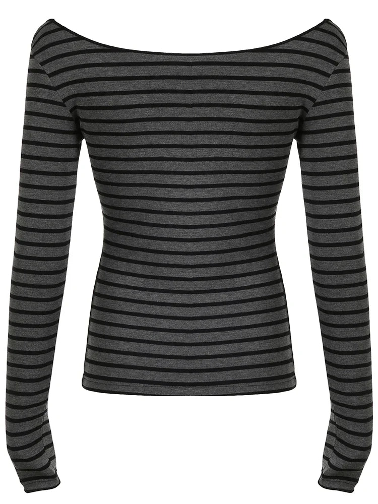 Aiertu Japanese Basic Slim Long Sleeve Stripe Tee Off Shoulder O Neck Korean Street Style Spring Autumn Y2K Gray T Shirt Women Aiertu