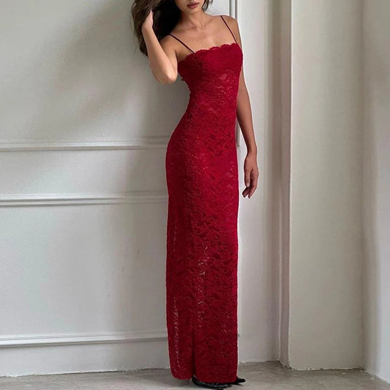 AIERTU  -  Vintage Lace Spaghetti Strap See Through Bodycon Split Summer Long Dress Women Evening Party Sexy Slim Fit Vestidos Aiertu