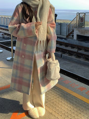 Aiertu Winter Rainbow Woollen Coats Women Casual Warm Loose Plaid Long Coats Female Korean Fashion Office Lady Trench Jackets Y2k Aiertu