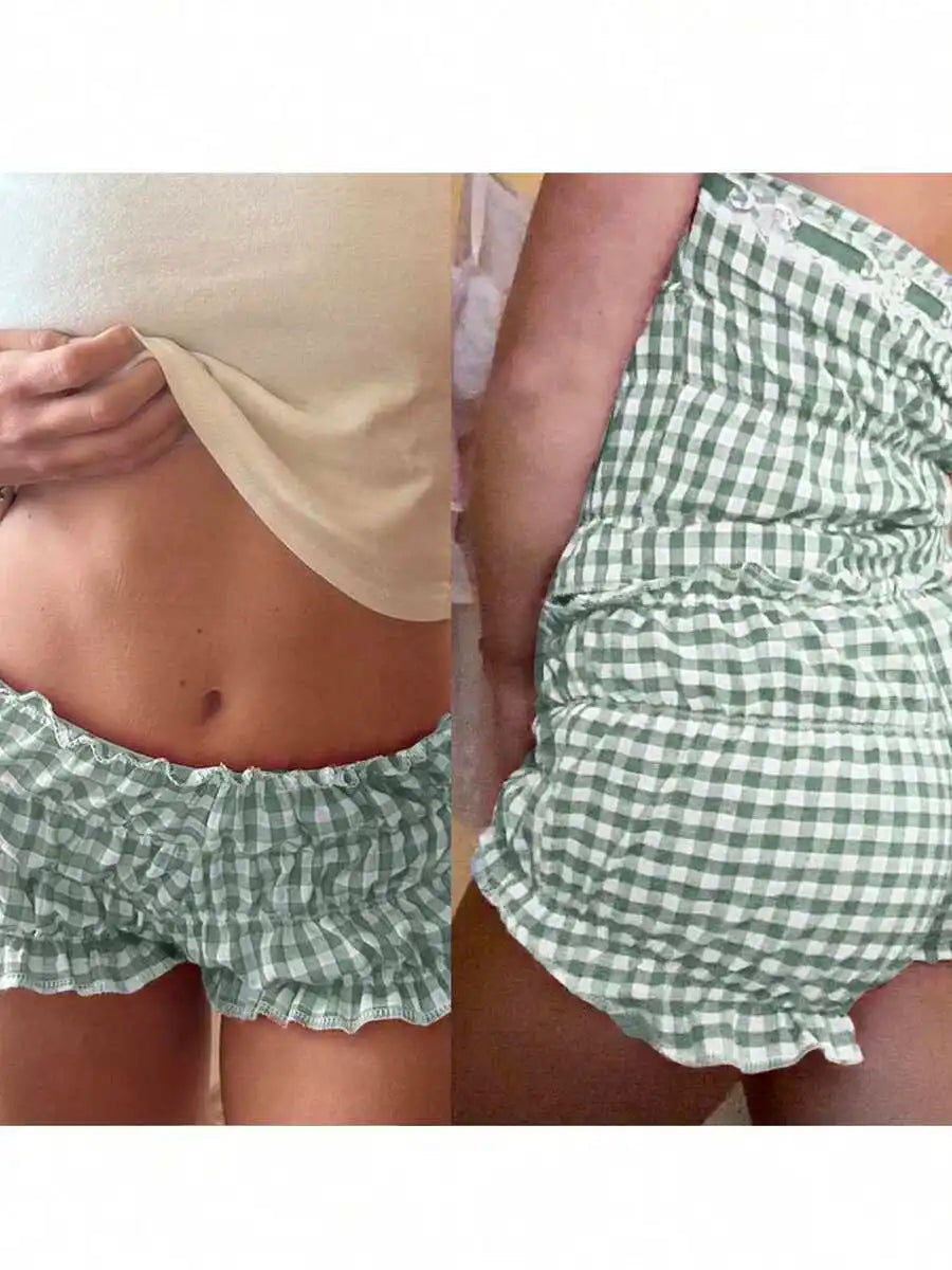 AIERTU  -  Women Plaid Ruffled Boxer Shorts Elastic Waist Loose Fit Summer Beach Shorts Aiertu