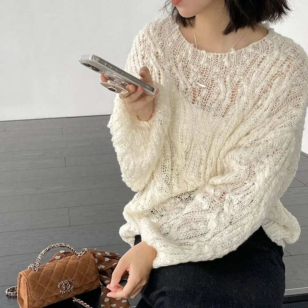 AIERTU  -  Loose Knitted Hollow Out Sweater Women's Lazy Style Solid Color Lantern Sleeve Pullover Knitwear Female Autumn Winter Tops Aiertu