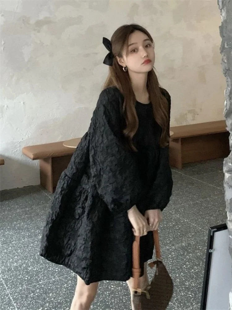 Aiertu Gothic Harajuku Oversized Black Dress Women Goth School Student Long Sleeve Short Dresses Autumn Korean Fashion Kpop Aiertu