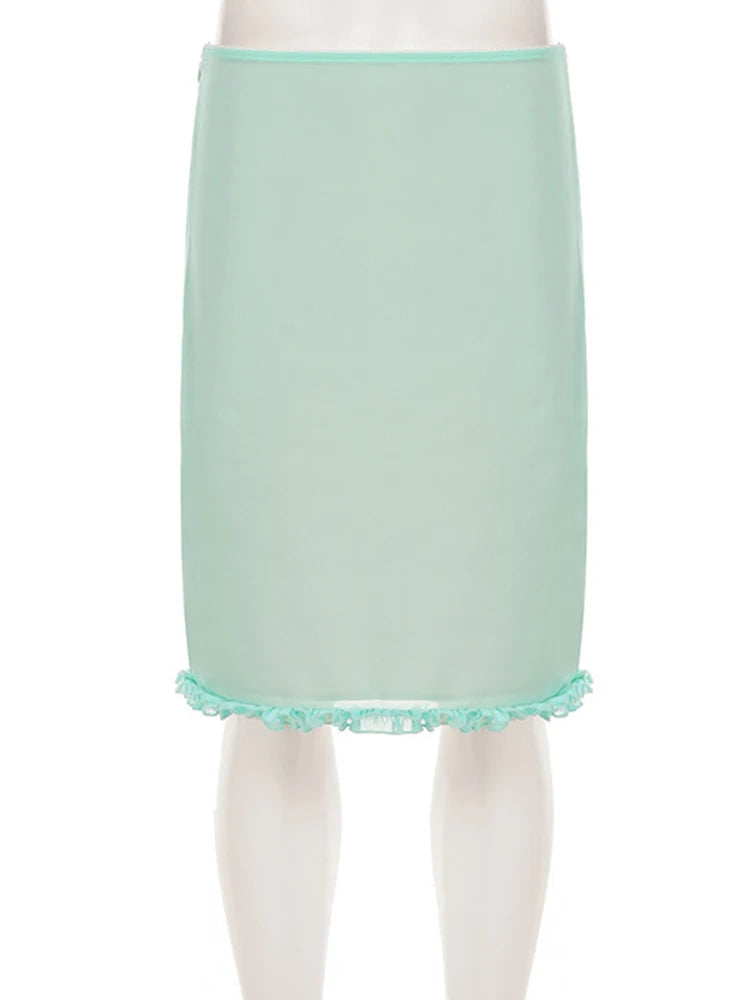 AIERTU  -  Women Y2K Mesh Midi Skirt Low Waist Ruffle Hem Slim Fit Solid Color Sheer Mid‑Calf Skirt Casual Streetwear Holiday Party Summer Aiertu