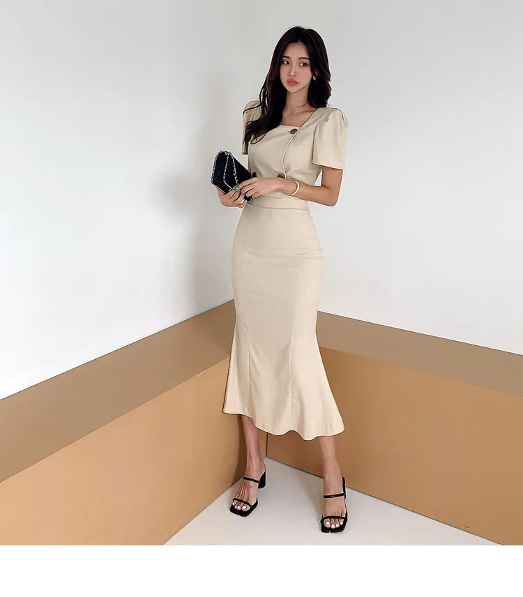 Aiertu Hot Sales Women Summer Casual 2 Pieces Set Double-breasted Short Top + Mermaid Skirt Korean Slim Simple Skirts Suits Aiertu