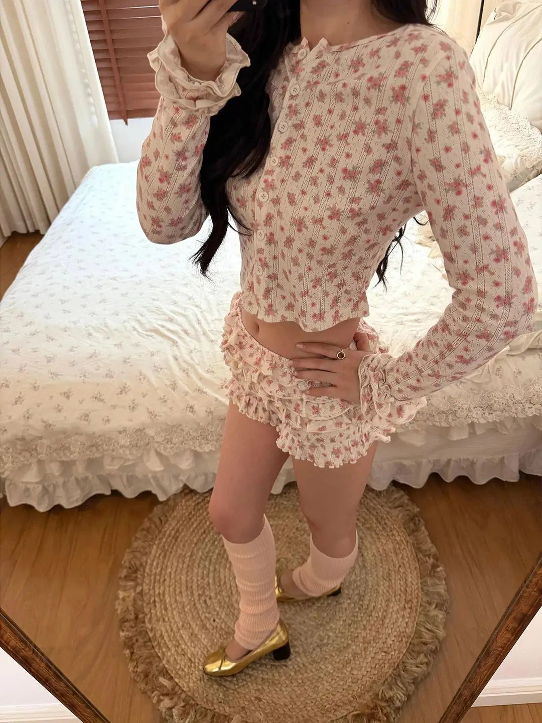 AIERTU  -  Girl Sweet Little Floral Long-sleeved Pajamas Summer New Shorts Outside Loungewear Set Aiertu