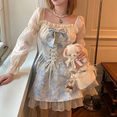 Aiertu  Princess Dress Women Party Y2k Bandage Blue Cosplay Costumes Japanese Puff Sleeve Ribbon Square Neck Bowknot Mini Dress Aiertu