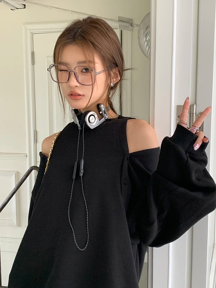 Aiertu Women Black Elegant Long Sleeve Button Off Shoulder T Shirt Casual For Spring Autumn Gray Round Neck Loose Pullover Tops Fashion Aiertu