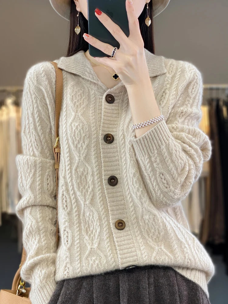 Autumn Winter Coat Women Turn-down Collar Cardigans Sweater 100% Merino Wool Knitwear Loose Twist Flower Cashmere Clothing Tops Aiertu