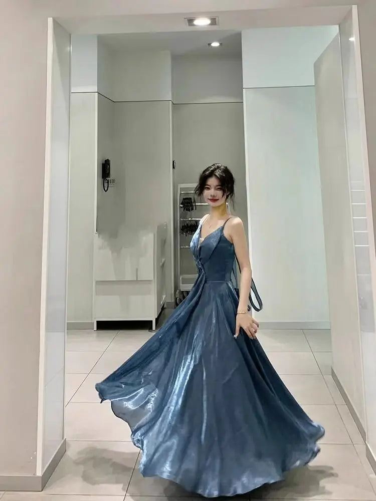 Aiertu Blue Elegant Sexy Slip Dress Women Sleeveless Korean V-neck Long Dresses Fashion Casual One Piece Dress Ladies Summer 2024 Chic Aiertu