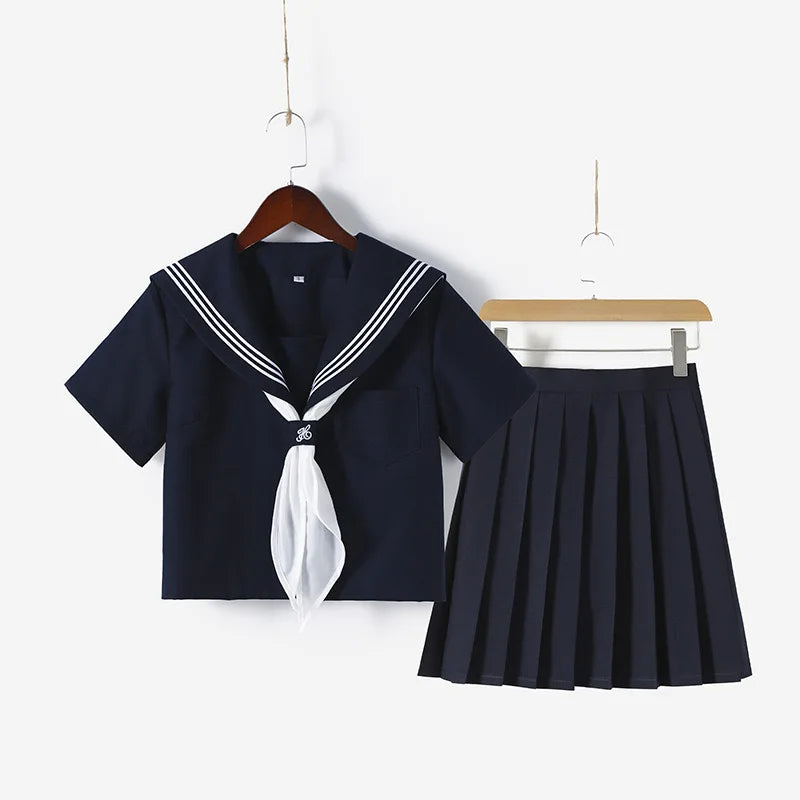 Aiertu Dark Blue Three Orthodox JK School Uniform Girls S-XXL College Style Sailor Spring Summer Suit Women Shirt Pleated Skirt Aiertu