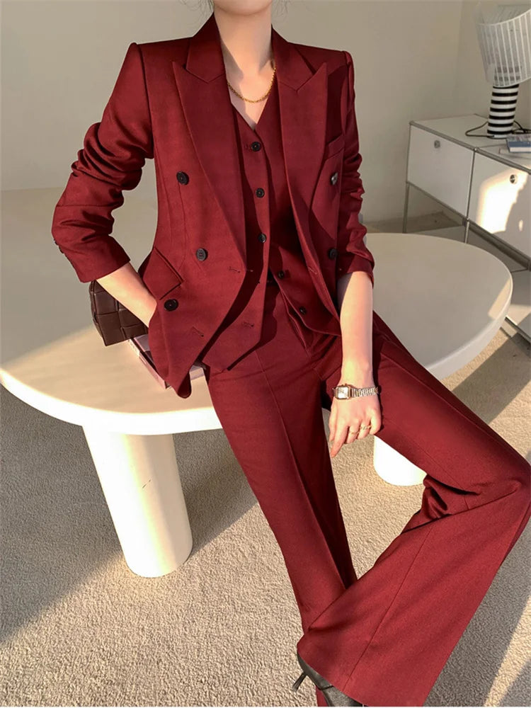 Aiertu Burgundy Suit Set Women Spring Office Ladies Lapel Single Breasted Vest Wide Leg Pants Blazer Three Piece Set Aiertu