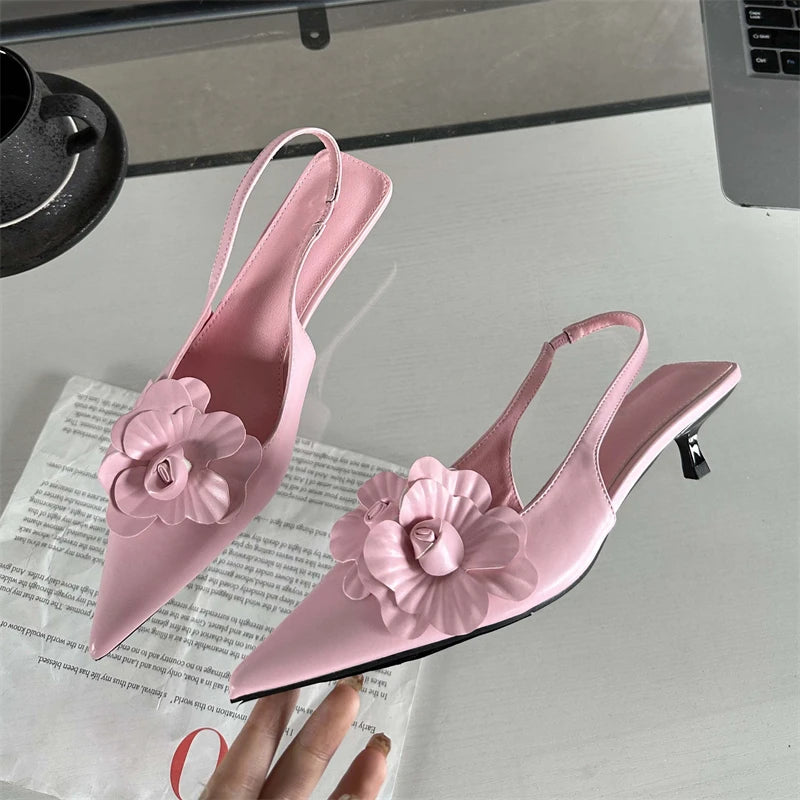 Sexy Flower Pointed Toe Thin Low Heels Women Pumps Elegant Wedding Slingback Shoes Mules Zapatos De Mujer Aiertu