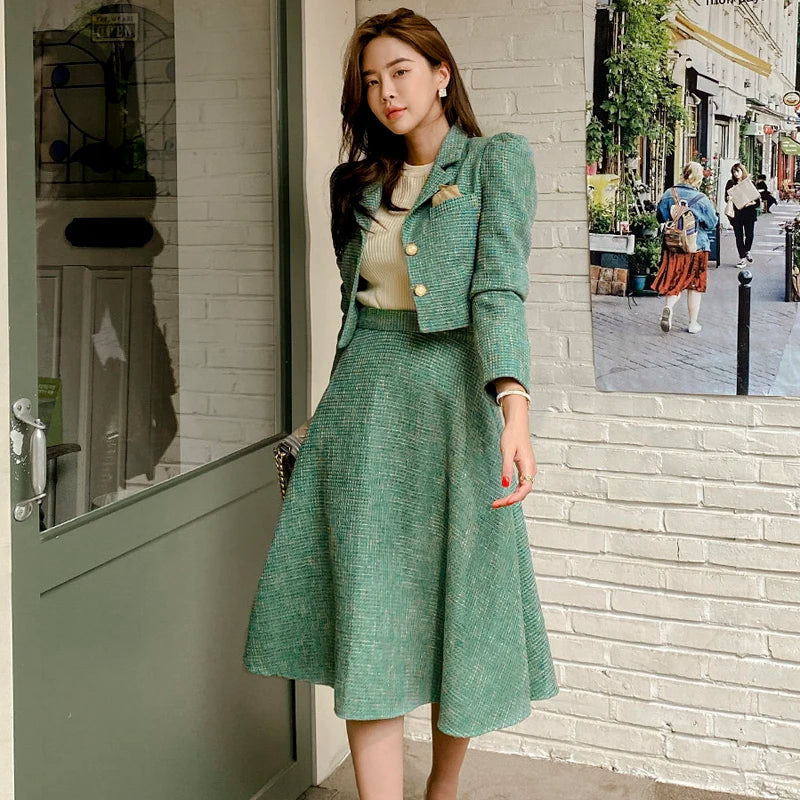 Aiertu Women Two piece Set Korean Chic French Temperament V-neck Pearl Button Puff Sleeve Short Jacket + High Waist Swing Skirt Suits Aiertu
