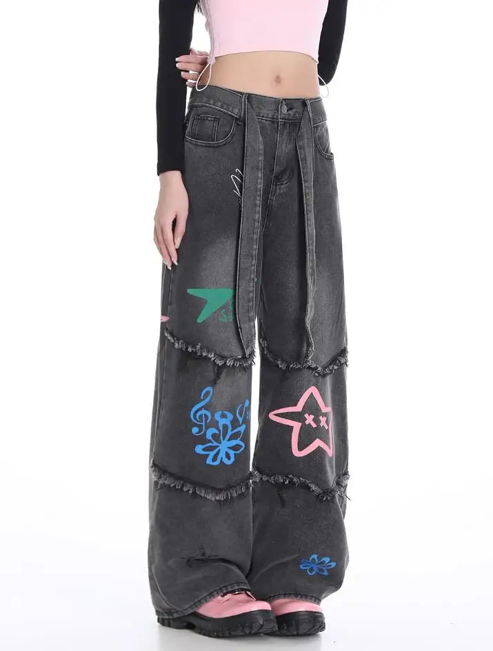 Aiertu American Vintage High Waist Straight Jeans Grunge Streetwear Tassels Print Pants Women's Casual Baggy Y2K Wide Leg Denim Trouser Aiertu
