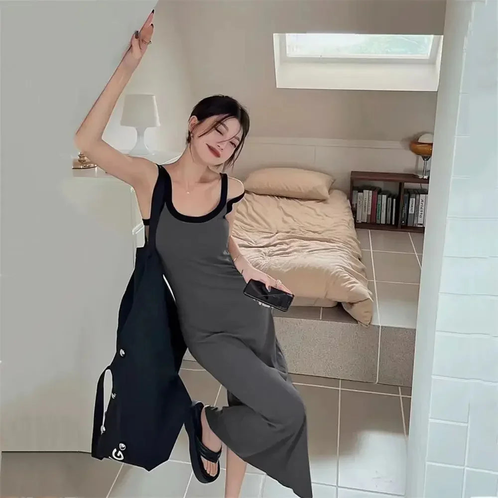 Aiertu Sexy Backless Slip Midi Split Dresses Women Korean Fashion Spaghetti Strap Vintage Casual Black Dress 2024 Summer Sundress Aiertu