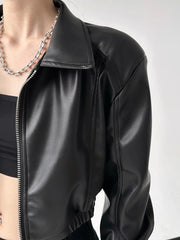 Aiertu Jackets PU Leather Women Black Lapel Long Sleeve Crop Coats American Retro Streetwear Zipper Fashion Casual Female Outerwear Aiertu