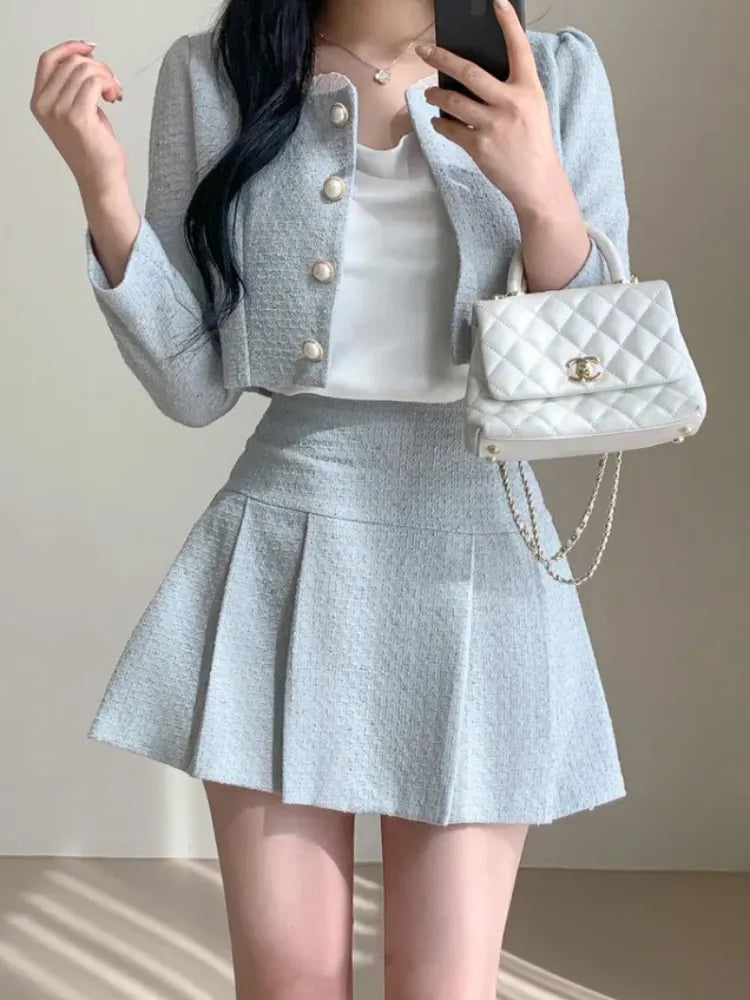Aiertu Fashion Korea Elegant Tweed Small Fragrance Short Jacket Cropped Coats + High Waist Mini Skirts Suits Slim Women Two Piece Sets Aiertu