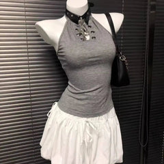 AIERTU  -  New Summer Women's Gray Hollow Out Halter Cami Top Vintage Stylish Hot Girl Top For Daily Street Fashion Outfits Aiertu
