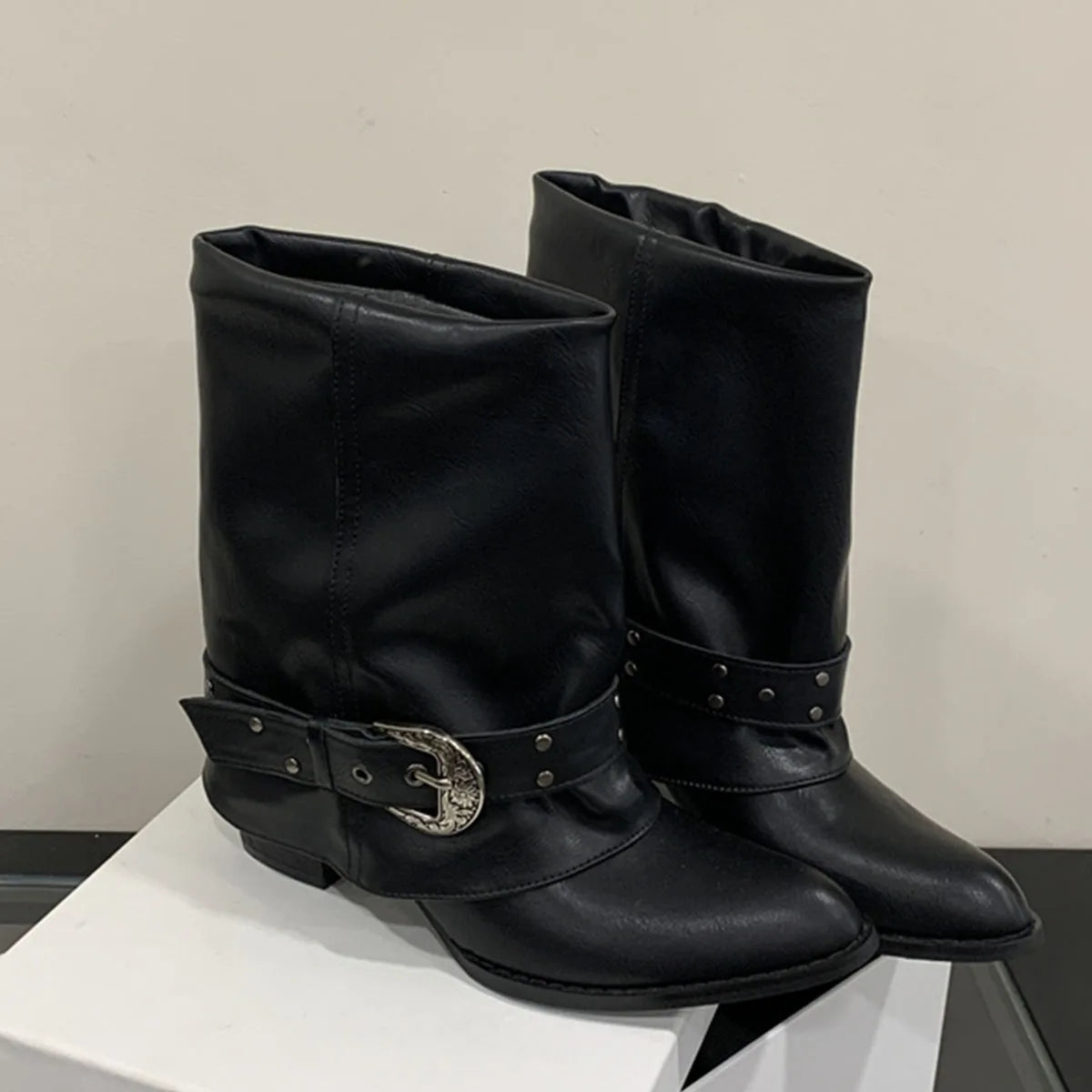 AIERTU  -  Women Western Cowboy Mid Calf Boots Vintage Pointed Toe Chunky Heel Riding Boots with Ornate Buckle Rivets Casual Ankle Boots Aiertu