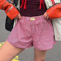 Aiertu Gingham Boxer Shorts for Women Teen-girls Elastic Waistband Pull-on Red Blue Plaid Shorts Outfit Casual Lounge Summer Shorts Aiertu