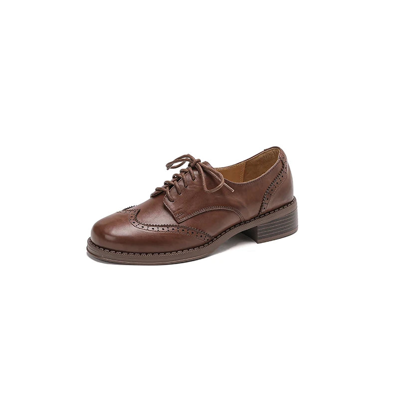 Women Pumps Oxfords Autumn Shoes for Woman Genuine Leather Brogues Retro Lace Up Loafers Casual Handmade Black Girls Shoes Aiertu