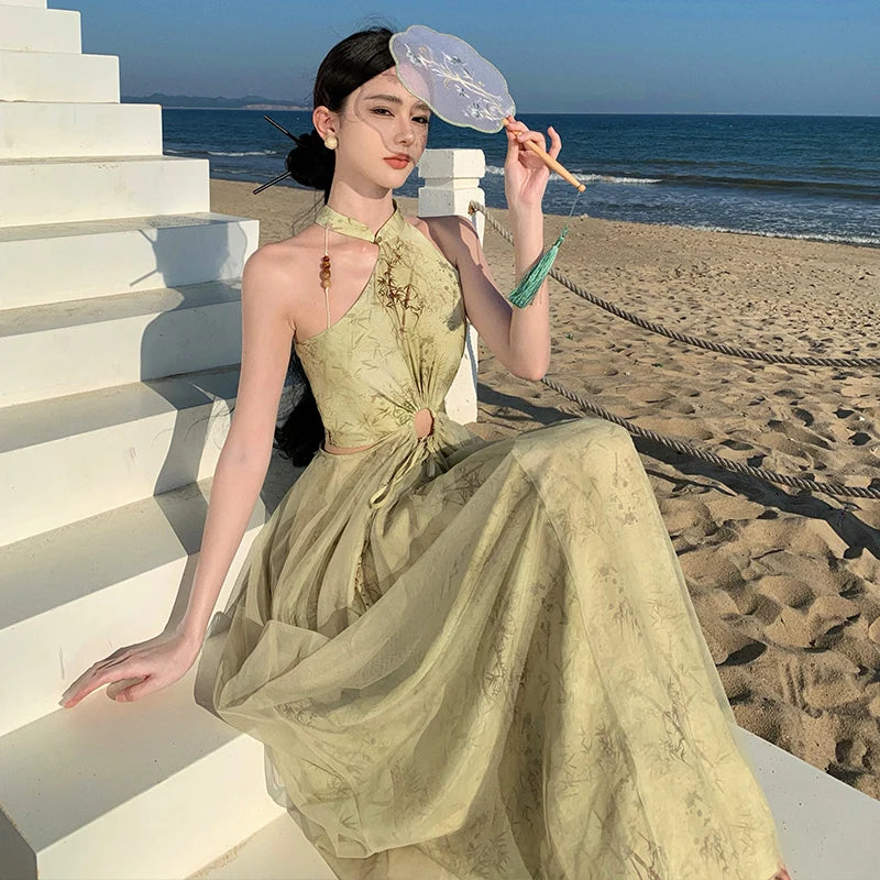 Aiertu Vintage Green Mesh Bamboo Print Sexy Sleeveless Elegant Slim Chinese Long Dress Summer Hollow Off Shoulder Pleated Dresses Boho Aiertu