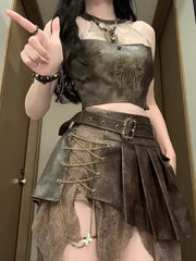 Aiertu Retro Fashion Spicy Girl Style Leather Halter TopTank Top Irregular Slimming Short Skirt Set Summer Two Piece Set Women Outfits Aiertu