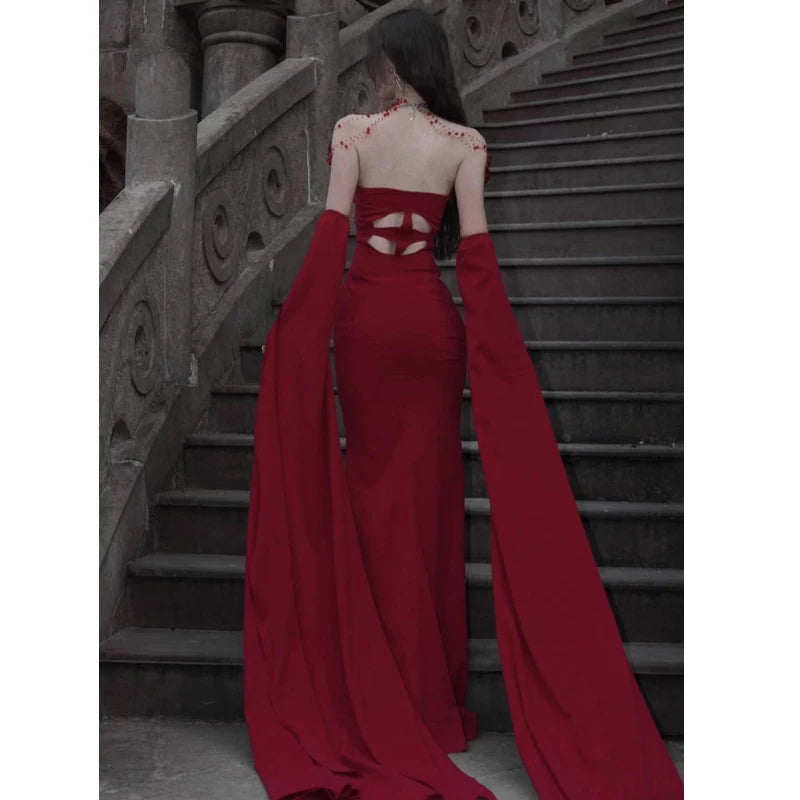 Aiertu Black Backless Floor Long Dress Summer Fashion French Red Strapless Dresses Women Elegant Sleeveless Slim Gowns Party Dress Chic Aiertu