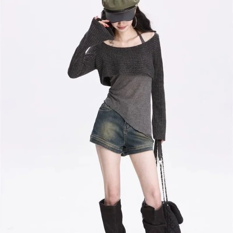 Y2k Off Shoulder Knitted Women T-shirts Set Sexy Korean Style Asymmetric Halter Tops Gyaru Crop Long Sleeve Autumn Tees Aiertu