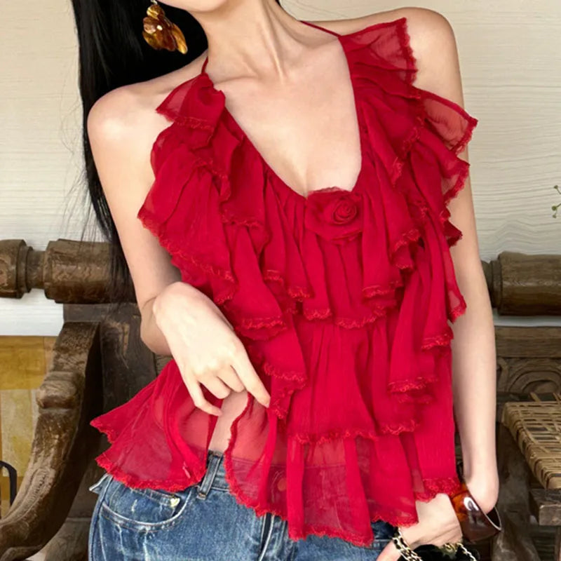 AIERTU  -  Women Camisoles V-neck Retro Ruffle Edge Irregular Pleats Halter Exposed Back Elastic Slim Fit Sexy Temperament Strapless Top Aiertu