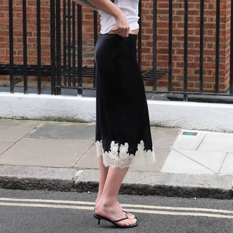 AIERTU  -  New Lace Patchwork Silk Surface Half Skirt Draped Glossy A-line Mid-length Skirt Women Spring Autumn Elegant Demeanor Lace Skirt Aiertu