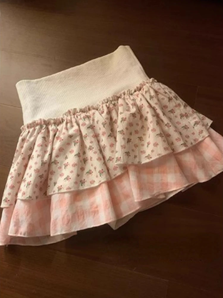 Aiertu Japanese Sweet Kawaii Print 2 Piece Set Women Patchwork Lace Cute Skirt Suit Female White Bow Tops + Plaid Mini Skirt Sets 2024 Aiertu