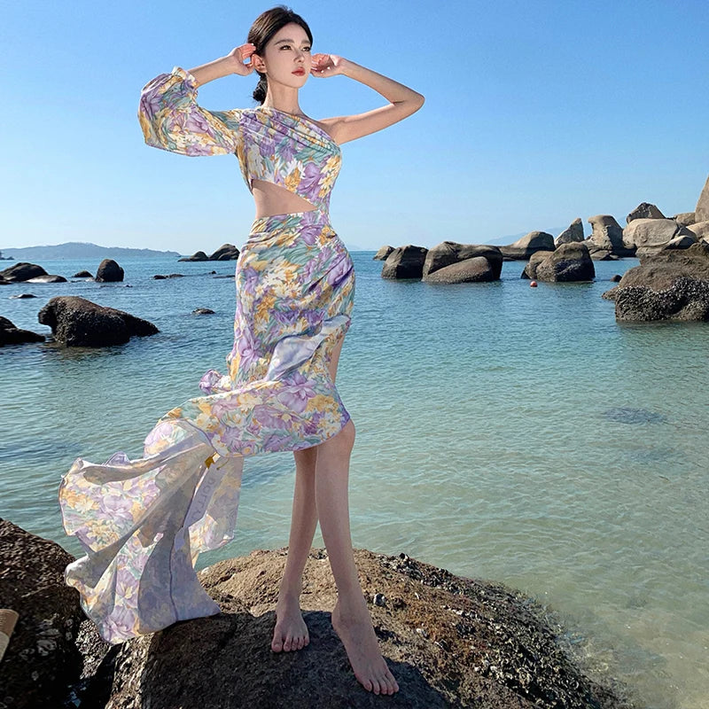 Aiertu Women Purple Print Sexy Club Slanted One Shoulder Slim Floral Ruffles Long Dress Summer Elegant Long Sleeve Party Evening Dress Aiertu