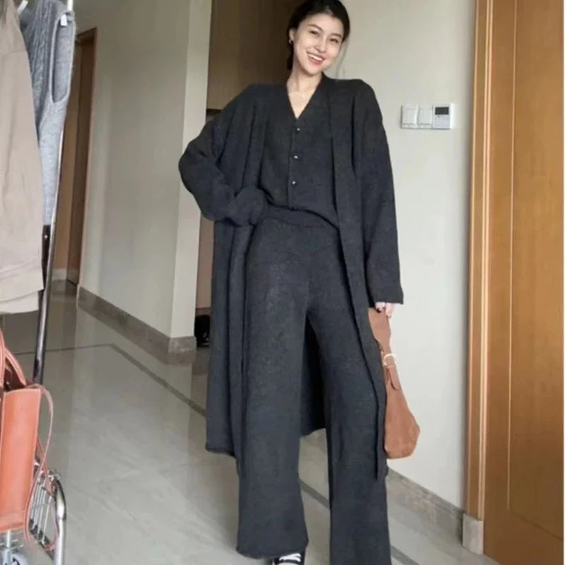 Aiertu Winter French Knitted Suits 3 Piece Set Women Casual Long Cardigan + Vintage Vest + Office Lady Long Pants Korean Fashion Aiertu