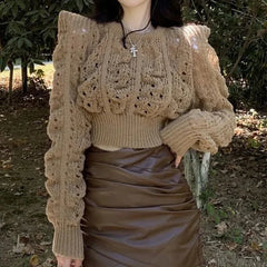 Chic Knitted Sweater Women Hollow Long Sleeved Slim Fall Pullover Elegant O-Neck Vintage Solid Twist Harajuku Cropped Jumpers Aiertu