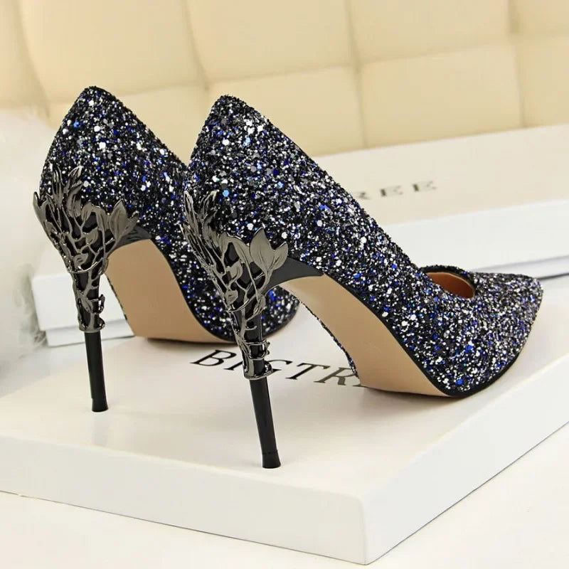 Aiertu 2024 Spring Summer New Crystal Sequins Bride Shoes High Heels Women's Fine Heel Versatile Pointed Toe Gown Single Shoes Aiertu