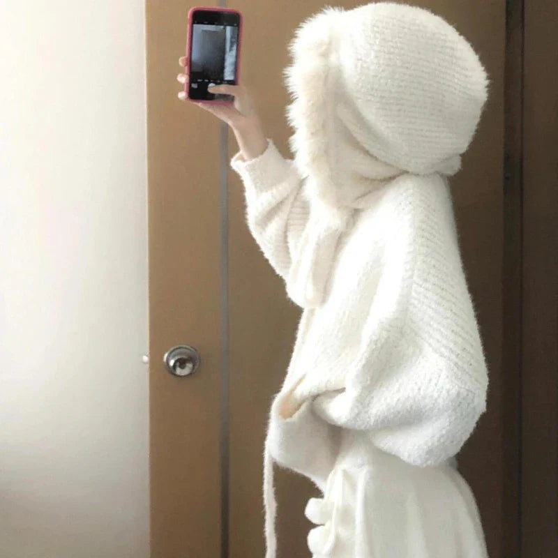 Aiertu Kawaii Sweet Knitted Cardigan Women Elegant Zip Up Hooded Cardigan Cute Japanese Style Solid Autumn Winter Sweater Coat Aiertu