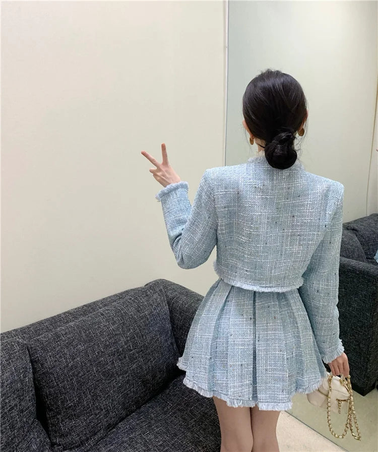 Aiertu High Quality Fashion Tassel Design Small Fragrance 2 Piece Sets Women Outfit Long Sleeve Short Jacket Coat + Pleated Skirt Suits Aiertu